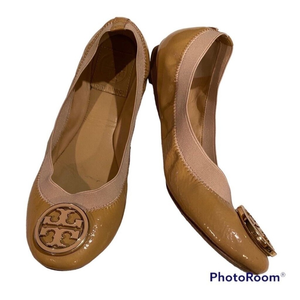 Tory Burch CAROLINE Gold Patent Leather Ballet Flat Shoe Gold Logo sz 6